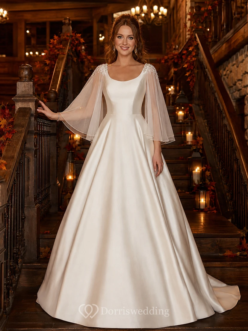 Fall Lodge Bateau Cape Sleeve Satin Ball Gown Dress