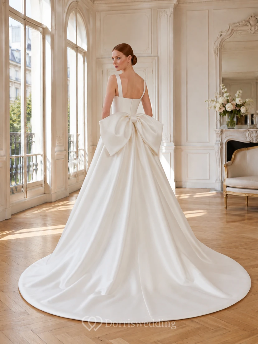 Robe de mariée en satin, robe de bal, col bateau, manches courtes, traîne chapelle view 2