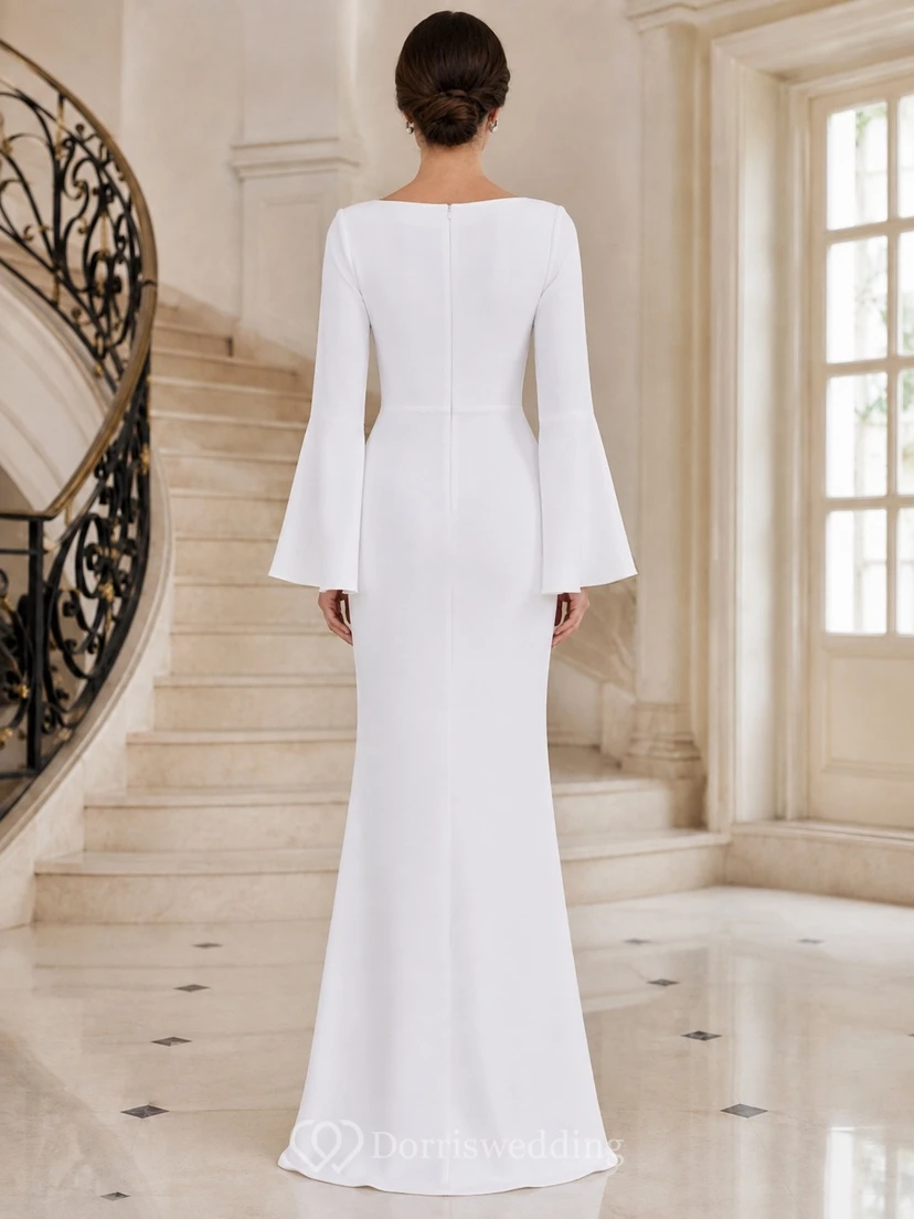 Elegant White High Neck Long Sleeve Floor-length Jersey A-line Formal Dress view 2