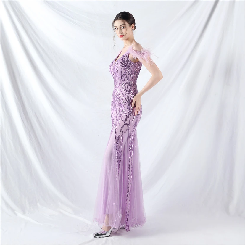 9-farbiges, handgefertigtes Abendkleid aus Kamelfedern, Netzstoff und Pailletten, sexy Trägern view 53