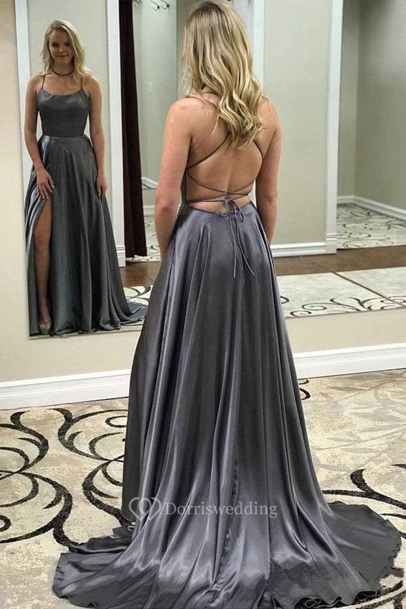 Simple Blue Spaghetti Front Split Sexy Prom Dress view 2