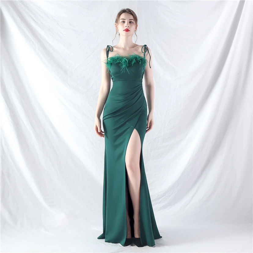 Double-Binding Waist-Shaped Ears Adjustable Satin Evening Dress view 21