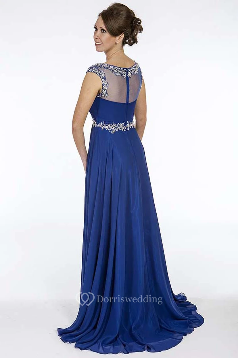 A-Line Beaded Empire Long Scoop Cap-Sleeve Chiffon Prom Dress With Waist Jewellery And Ruching view 2