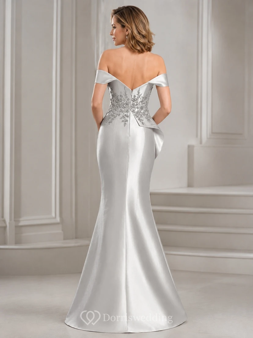 Silver Satin Off-the-shoulder Mermaid Floral Draped Floor-length Luxury Mother Dress view 2