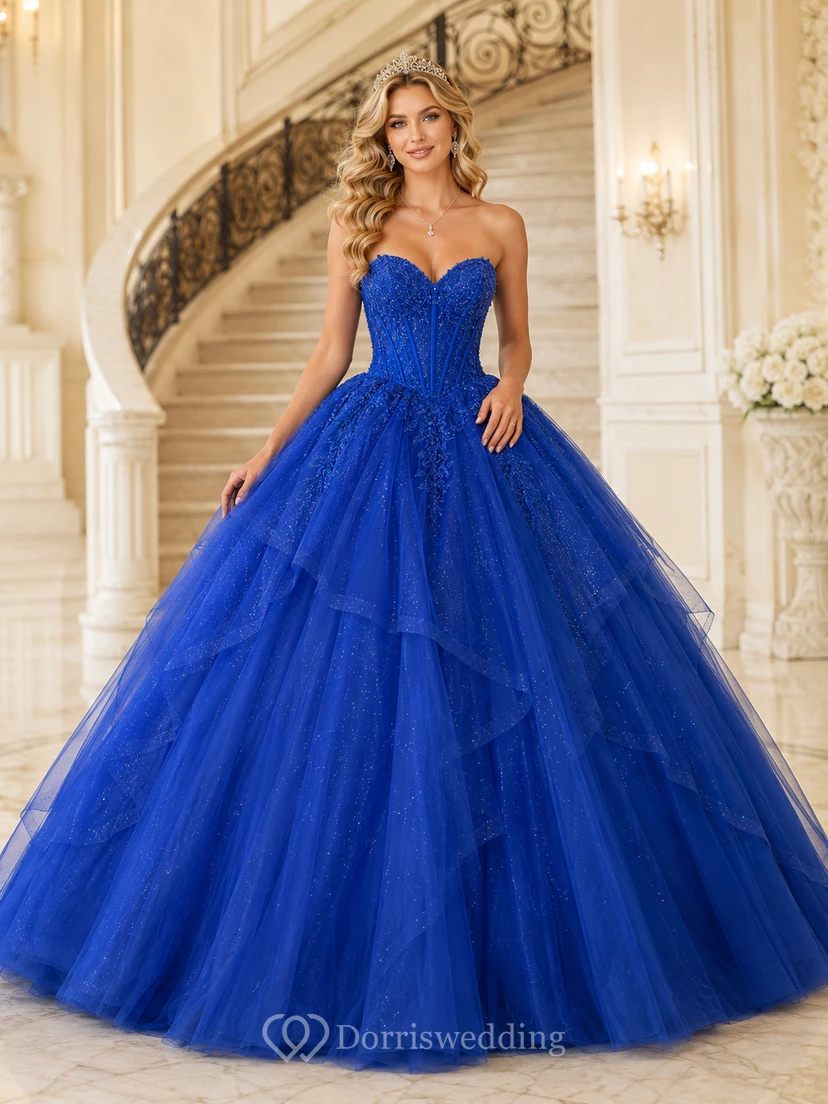 Royal Blue Luxury Strapless Sweetheart Corset Glitter Tulle Princess Quinceanera Ball Gown
