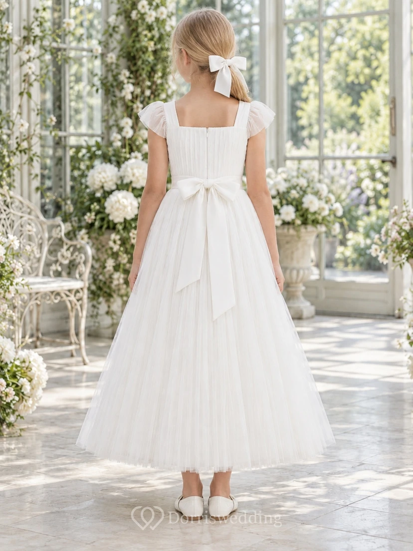 Square Neck Simple White Pleated Flutter Sleeve Ankle-length A-Line Tulle Satin Ribbon Bow Flowergirl Dress view 2