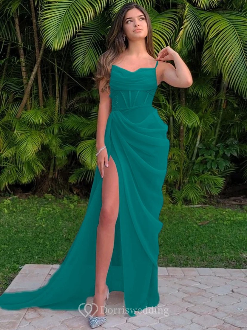 Spaghetti Ruched Sexy Front Split Sheath Side-ruched Prom Dress view 23