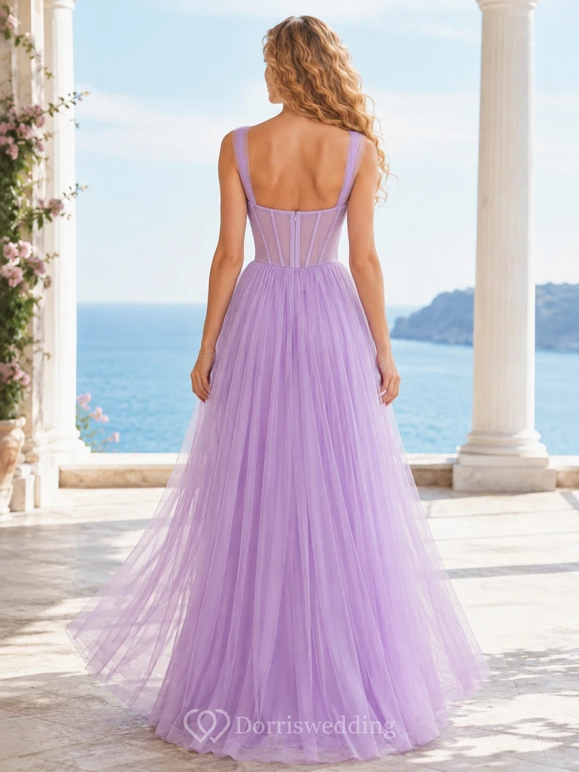 Lavender Tulle Sweetheart Spaghetti Strap Pleated Floor-length Evening Dress view 2