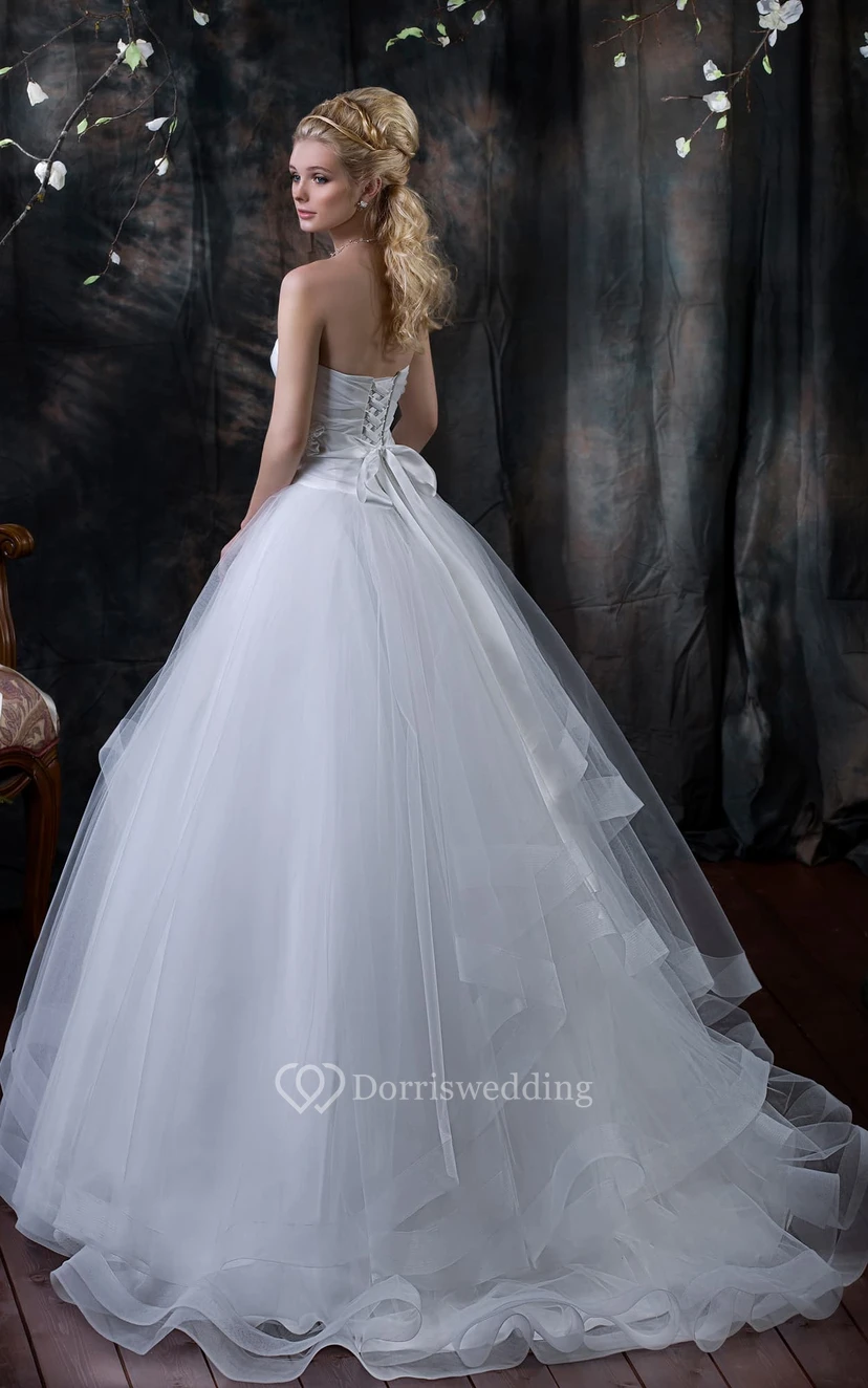 Ball Gown Long Strapless Sleeveless Corset-Back Tulle Dress With Draping And Tiers view 2