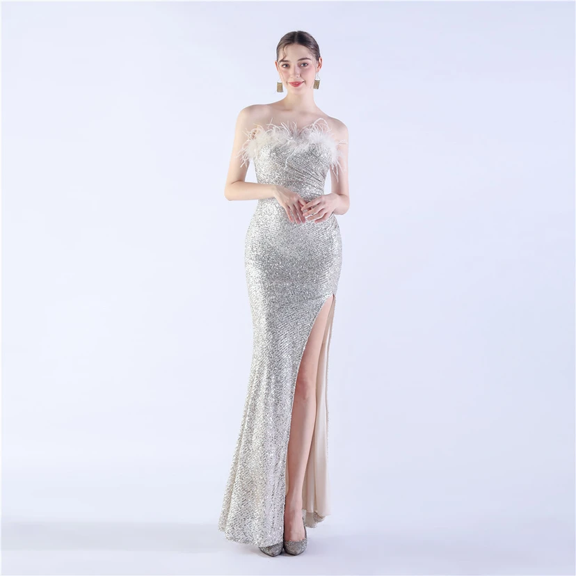 Ostrich Feather Plus Folding And Wrinkling Technology Host Dinner High-End Evening Dress view 20