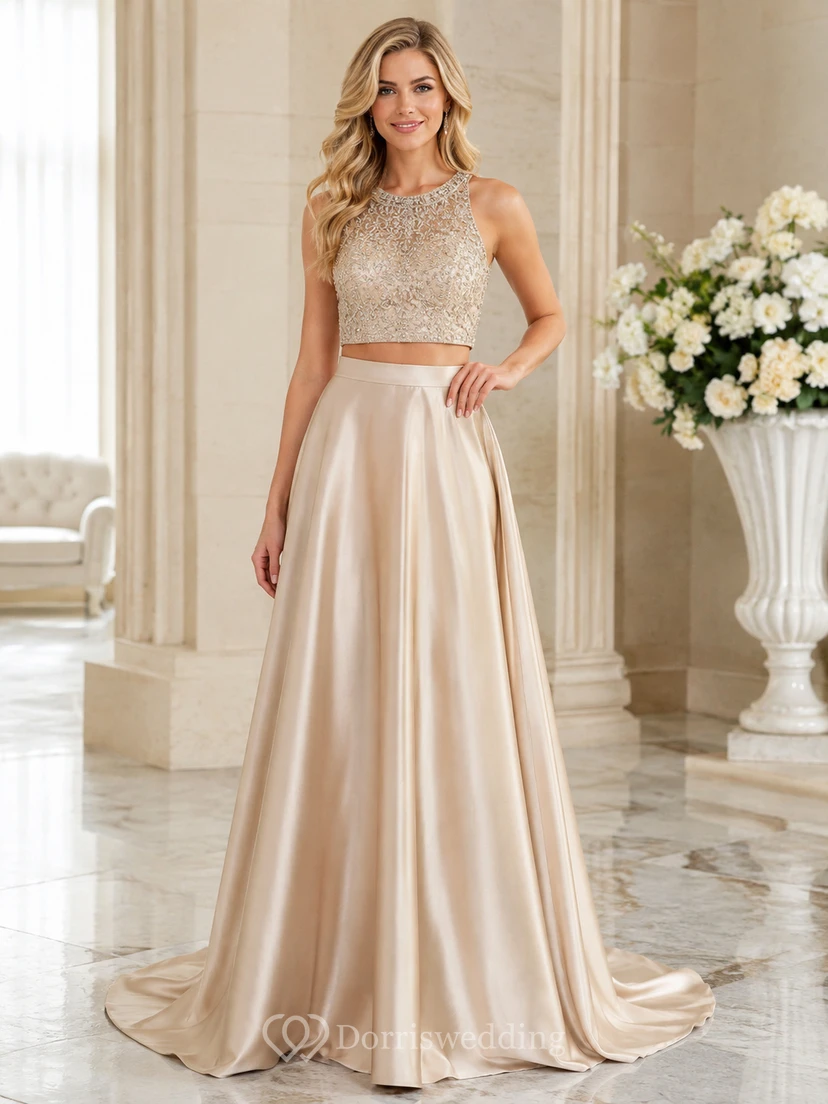 Champagne Two-Piece High-Neck Sequin Satin A-Line Floor Formal Gown Luxury