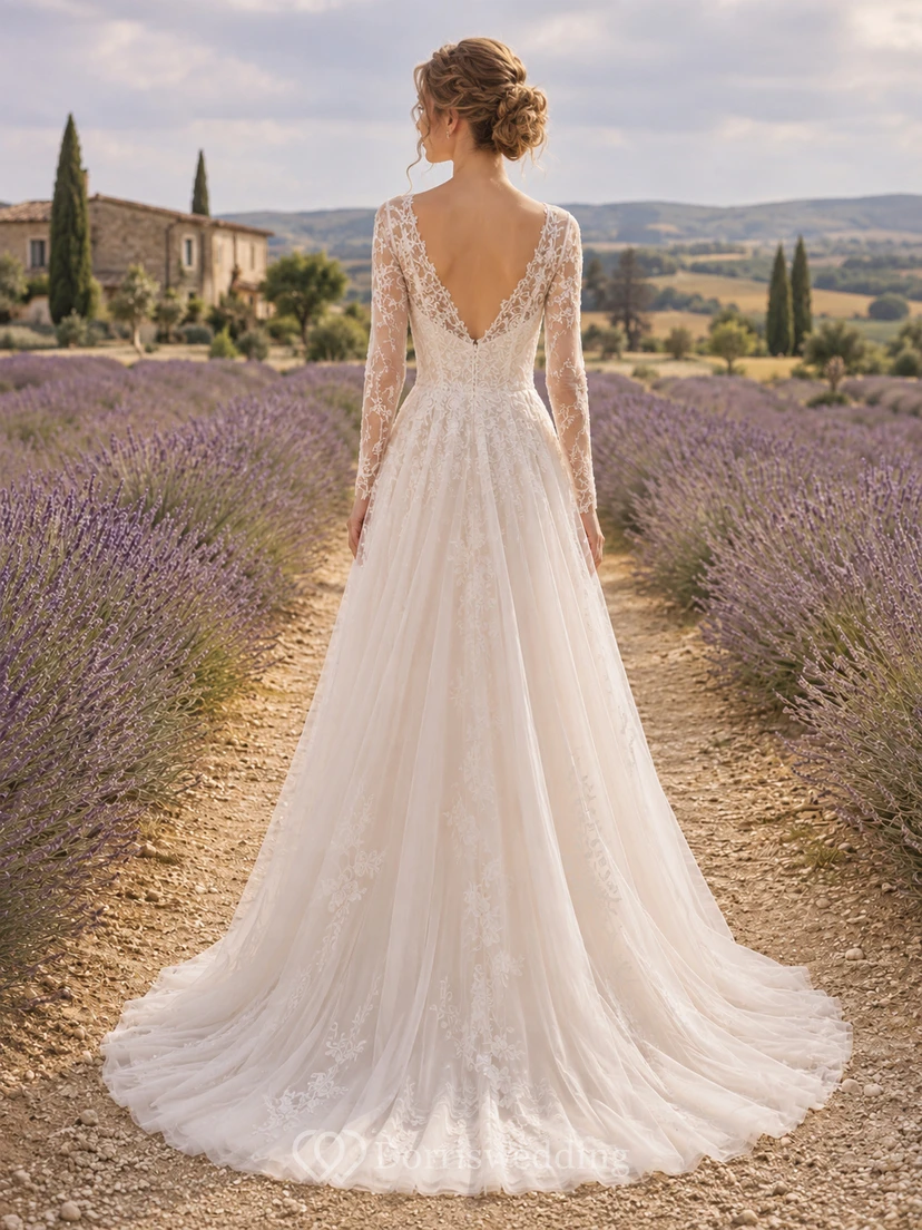 Lace Wedding Dress A-Line Sweetheart Long Sleeve Sweep Train Low V Back Bridal Gown view 2