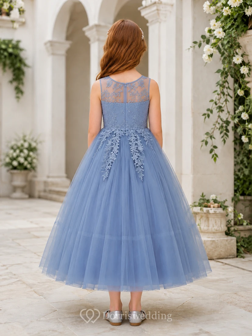 Steel Blue Flower Girl Dress Elegant Ankle-Length Ball Gown Sleeveless Illusion Sweetheart Lace Applique Tulle view 2