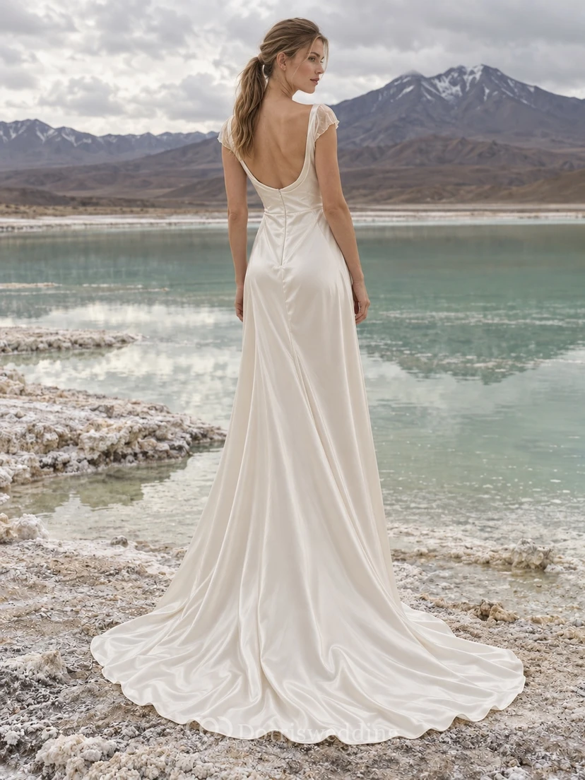 Sencillo vestido de novia vintage de charmeuse con cuello drapeado y mangas cortas transparentes. view 2