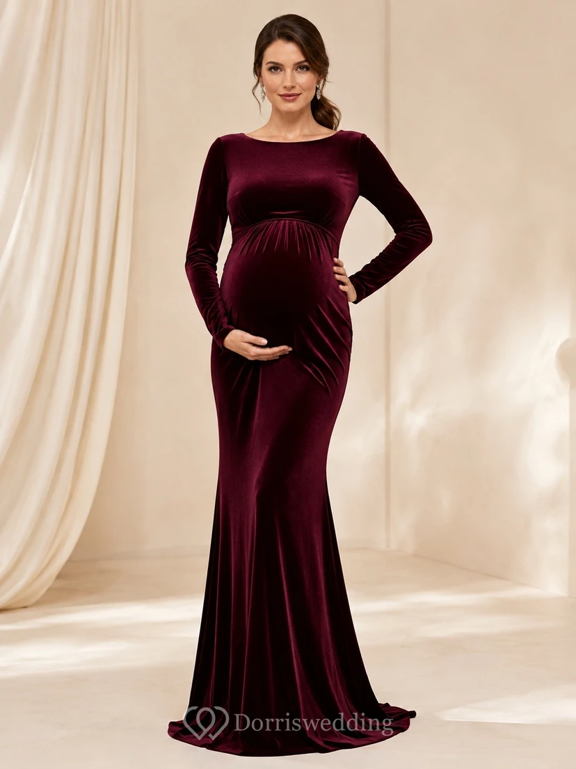 Burgundy Velvet Ruched Square Neck Long Sleeve Empire Maternity Gown