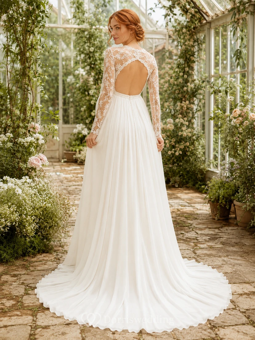 Vestido de novia premamá de cuello alto, manga larga, corpiño de encaje, corte A, estilo jardín, espalda descubierta. view 2