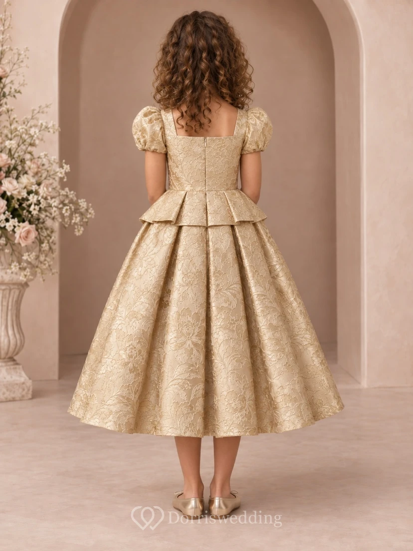 Square Neck Tea-length Gold Puff Sleeve Peplum Flower Girl Dress view 2