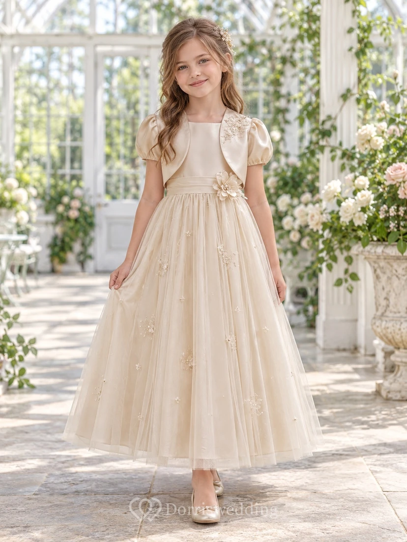 Champagne A-line Tulle Satin-bolero Puff-sleeve Ankle-length Appliqued Round-Neck Flower Girl Dress