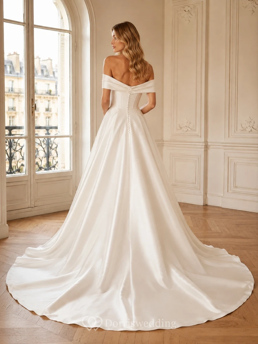 Modernes, elegantes, schulterfreies, ärmelloses A-Linien-Brautkleid aus Satin mit Schleppe view 2