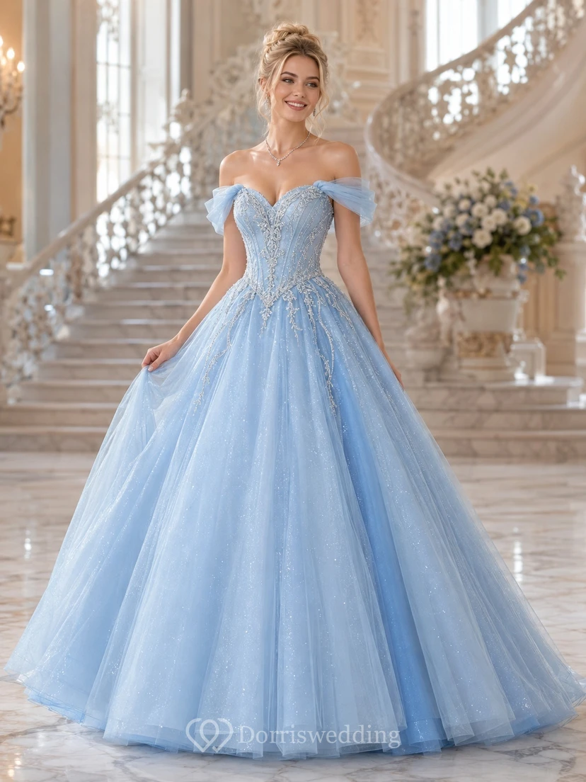 Himmelblaues schulterfreies Tüll-Ballkleid, bodenlang, perfektes Kleid für den 16. Geburtstag