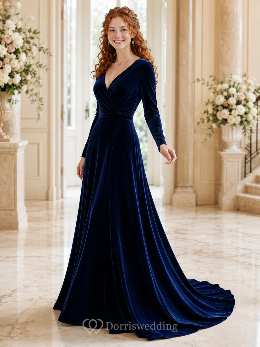 Robe de mariée trapèze en velours bleu marine à col en V et manches longues