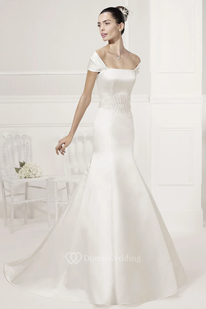 Unique Off-Shoulder Mermaid Satin Bridal Gown With Beading Waist