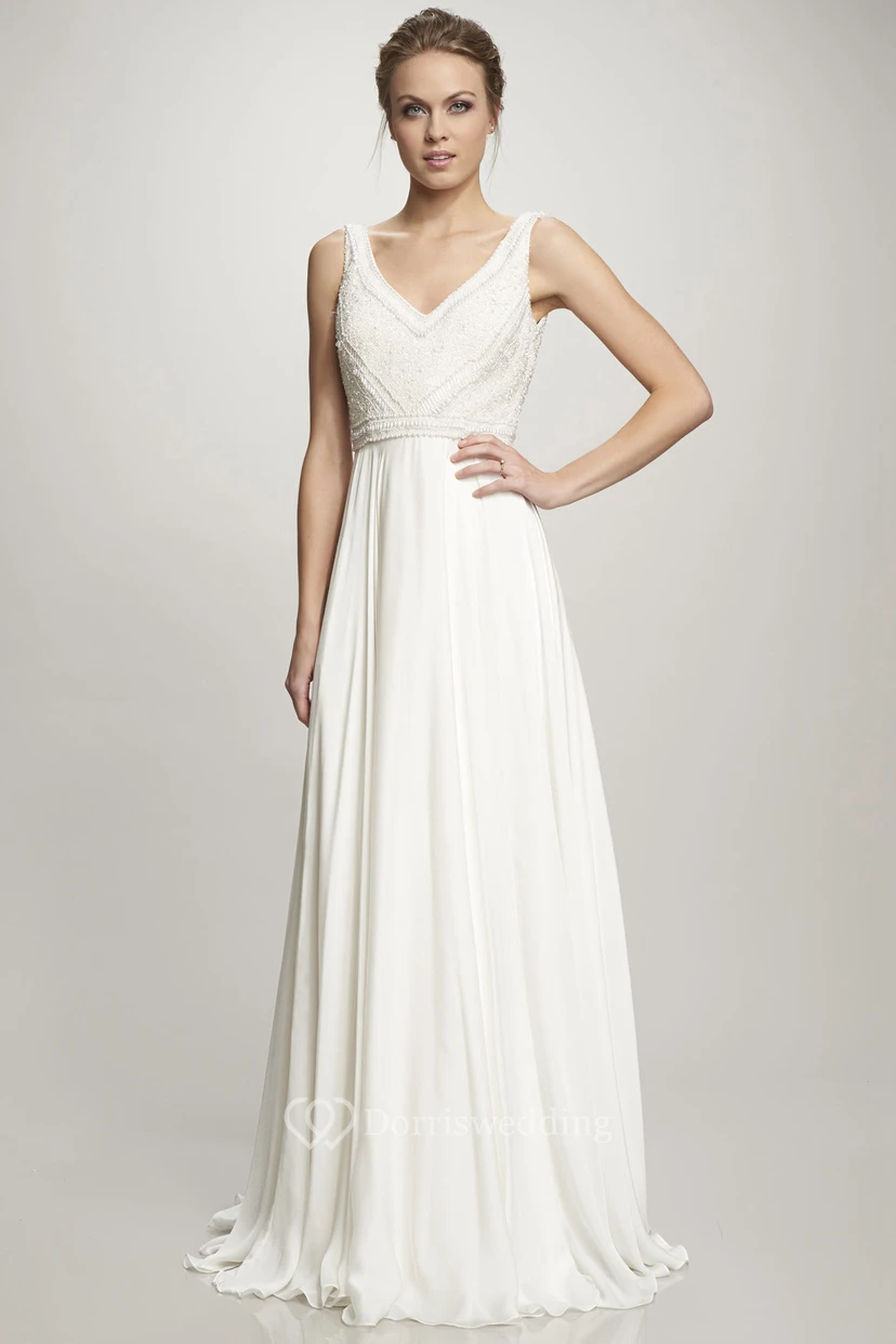 V-Neck Long Beaded Chiffon Wedding Dress With Sweep Train And V Back