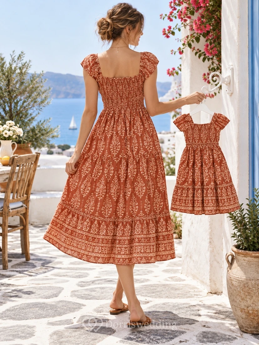 Boho Tea-length Rust Floral Sweetheart Ruffle Sleeve Matching Family Dress view 2