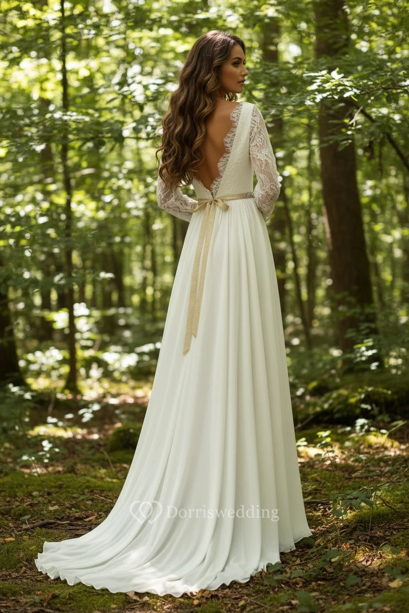 Bateau-neck Lace Long Sleeve Sheath Wedding Dress view 2