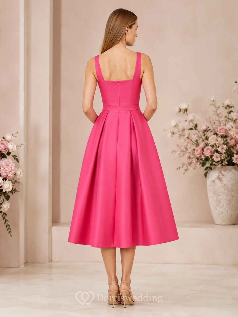 Vestido de cóctel rosa de satén con escote cuadrado, sin mangas, corte en A y largo hasta la rodilla view 2