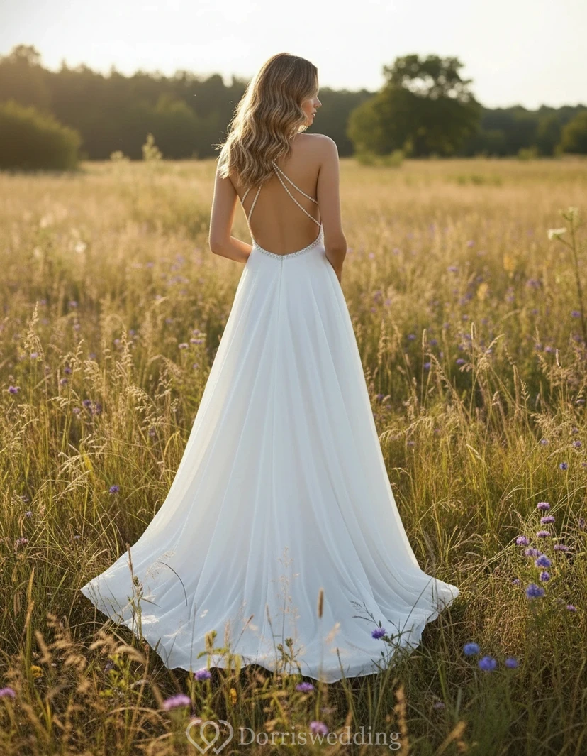 Spaghetti Sexy Chiffon Flowy Lace Wedding Dress with High Slit view 2