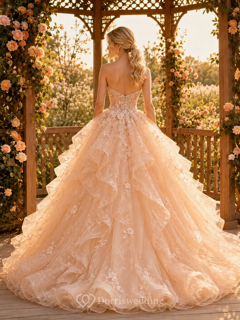 Vestido de quinceañera estilo princesa con cola escalonada, sin tirantes, con volantes en cascada y estampado floral, estilo cenador de jardín color champán. view 2