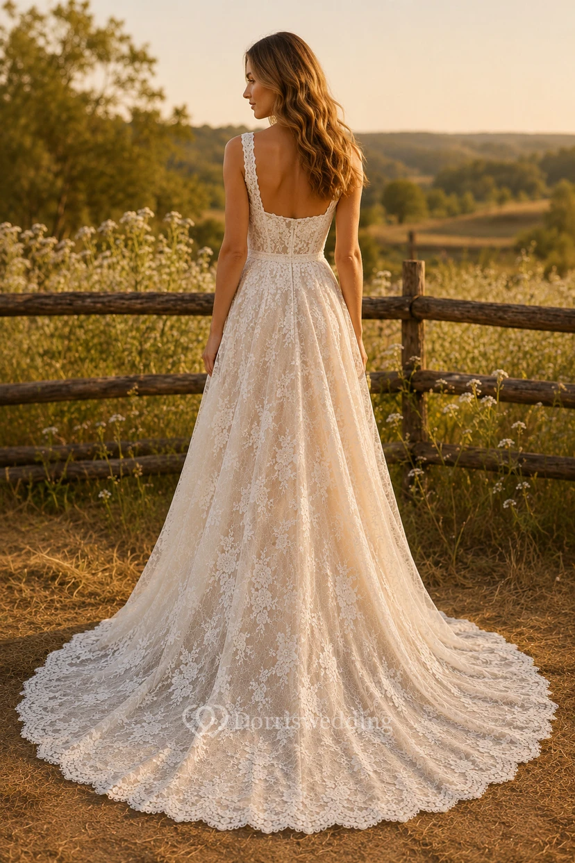 Boho Spaghetti Strap Lace A-Line Wedding Dress view 2