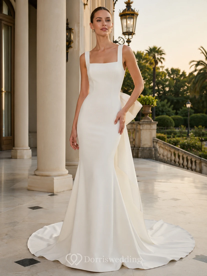 Robe de mariée moderne sirène en satin à col carré et traîne courte, ornée d'un nœud surdimensionné.