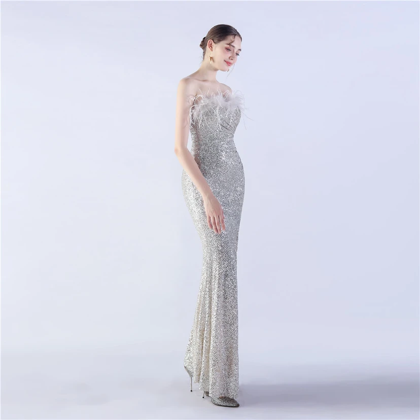 Ostrich Feather Plus Folding And Wrinkling Technology Host Dinner High-End Evening Dress view 22