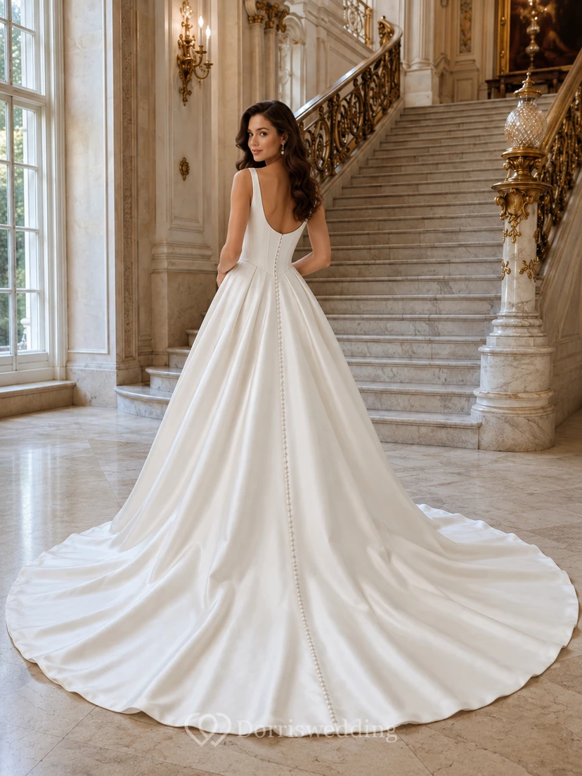 Satin Tulle Wedding Dress Ball Gown Spaghetti Strap Sweep Train Low V Back Bridal Gown view 2