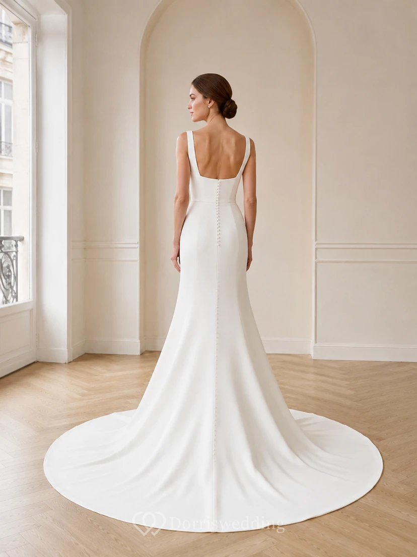 Robe de mariée minimaliste en satin raffiné, col carré, sans manches, fourreau et traîne chapelle, idéale pour une cérémonie en extérieur. view 2