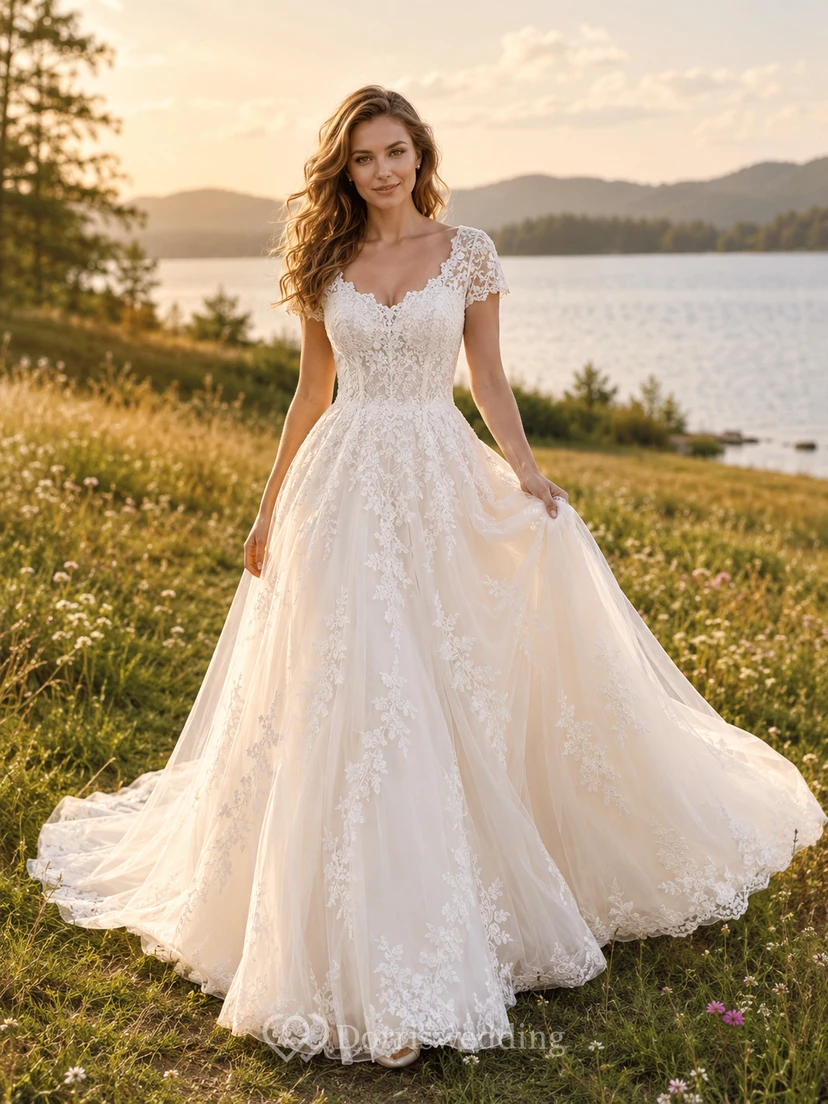 Country V Neck Cap Sleeve Lace Tulle A-Line Illusion Back Chapel Wedding Dress