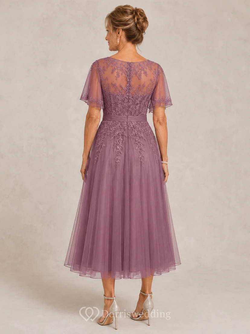 A-Line Tea-Length Bateau Short Sleeve Tulle Mother Dress with Lace view 2
