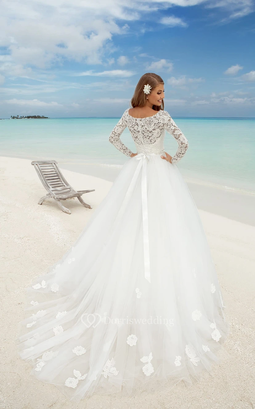A-Line Long Bateau-Neck Illusion-Sleeve Illusion Tulle Dress With Bow And Sash view 3