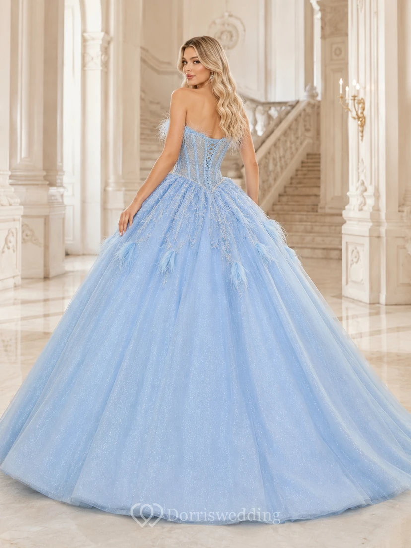 Sky Blue Luxury Strapless Sweetheart Feather Corset Tulle Quinceanera Princess Ball Gown view 2