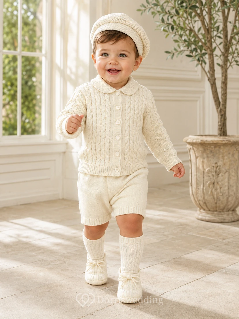 Cárdigan corto de punto trenzado color crema, conjunto de dos piezas para bautizo de bebé niño.