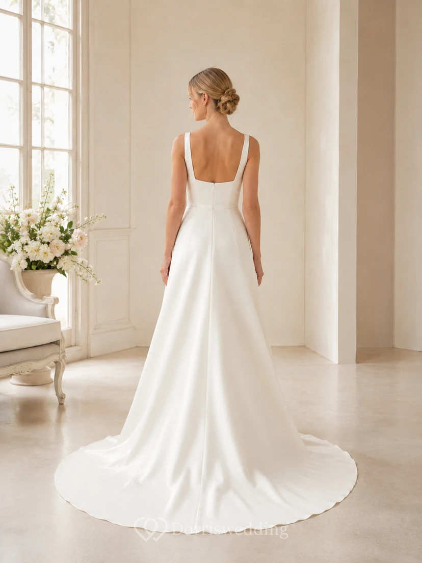 Robe de mariée minimaliste en satin, coupe trapèze, col carré, sans manches, traîne. view 2