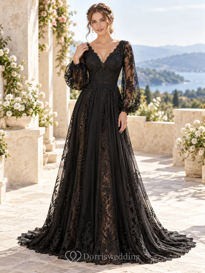 Black Long Poet Sleeve V-Neck Lace Split Bridal Wedding Dress