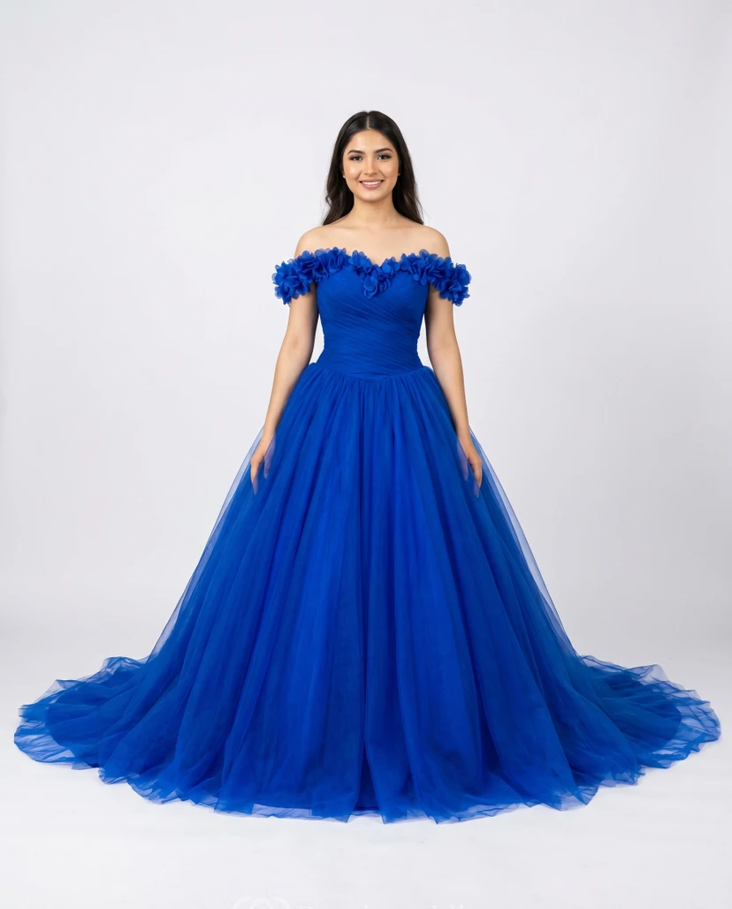 Robe de bal de quinceañera bleu roi en tulle à épaules dénudées et bretelles fleuries