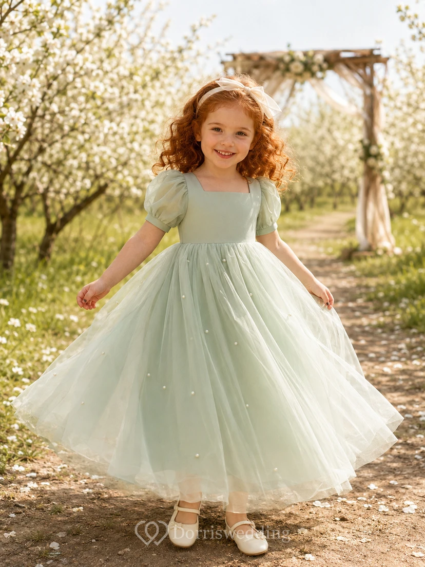 Flower Girl Dress Ivory Lace Tulle A-Line Scoop Neck Tea Length