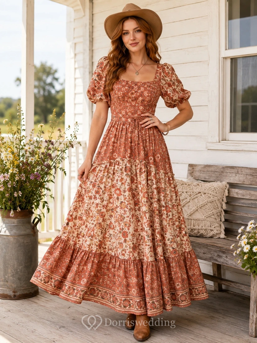 Vestido bohemio de gasa con estampado floral color óxido, cuello cuadrado y mangas abullonadas, estilo campestre.