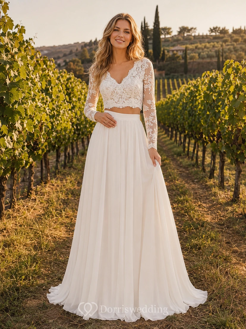 Boho-Hochzeitskleid, zweiteilig, langärmelig, aus Spitze und Chiffon, mit Weinberg-Motiv