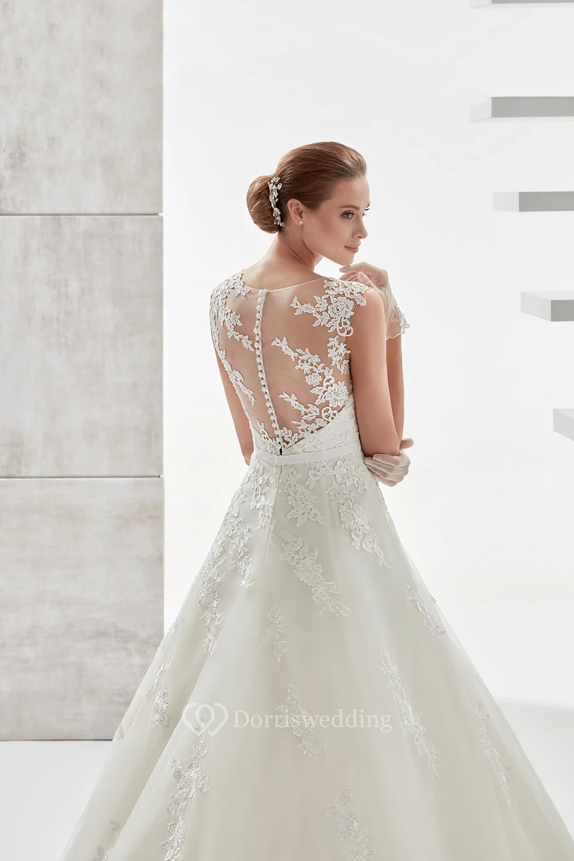 Jewel-neck A-line Wedding Dress With Beaded Belt and Illusive Design view 2