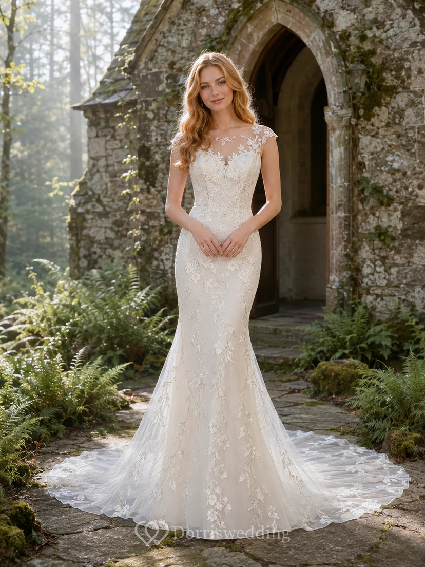 Robe de mariée sirène en dentelle brodée de vigne, style chapelle et forêt, style sirène